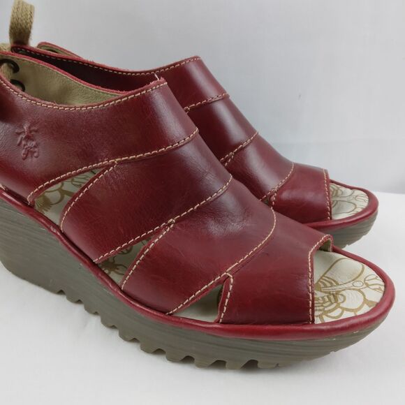Fly London YOWN Dark Red Wedge Peep Toe Sandals Lace Up  Womens Size 38 US 7.5 8 - Picture 2 of 16